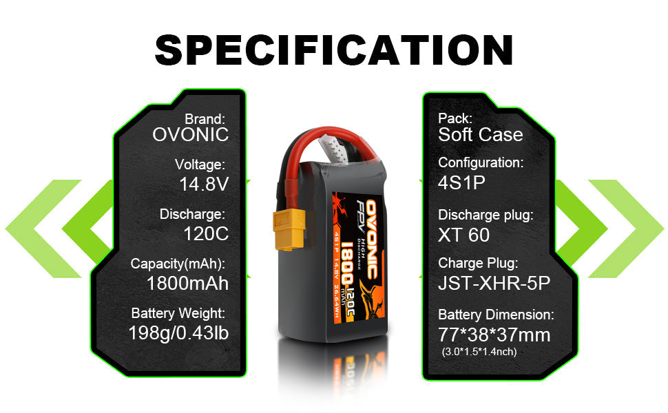 Ovonic 120C 4S 1800mAh 14.8V LiPo battery specification chart with XT60 and JST-XHR-5P