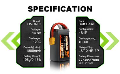 Ovonic 120C 4S 1800mAh 14.8V LiPo battery specification chart with XT60 and JST-XHR-5P