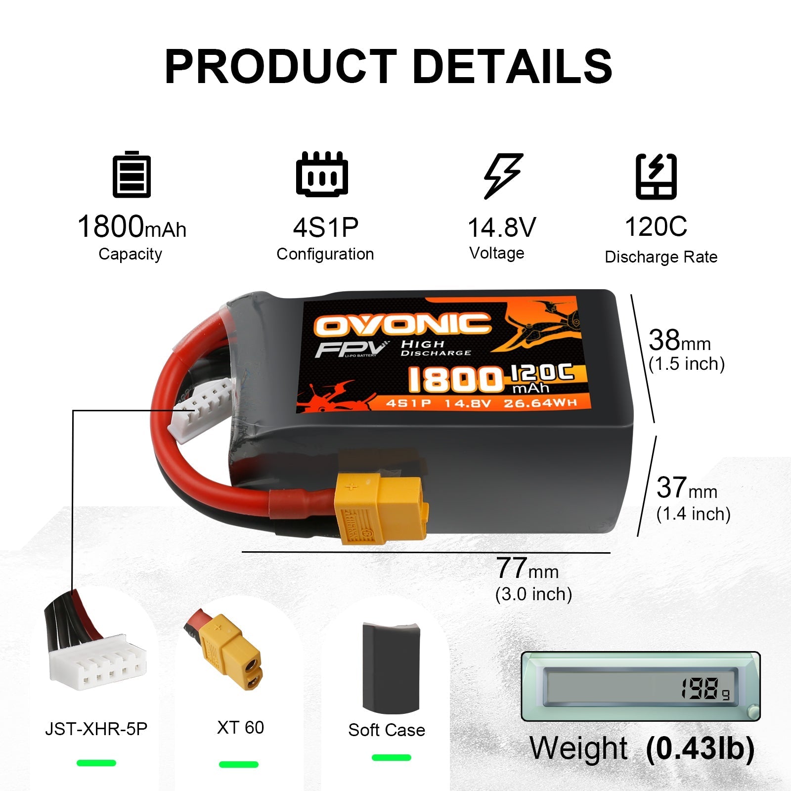 4× Ovonic 120C 4S 1800mAh 14.8V LiPo Battery size and weight chart with XT60 and JST-XHR-5P