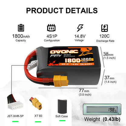 4× Ovonic 120C 4S 1800mAh 14.8V LiPo Battery size and weight chart with XT60 and JST-XHR-5P