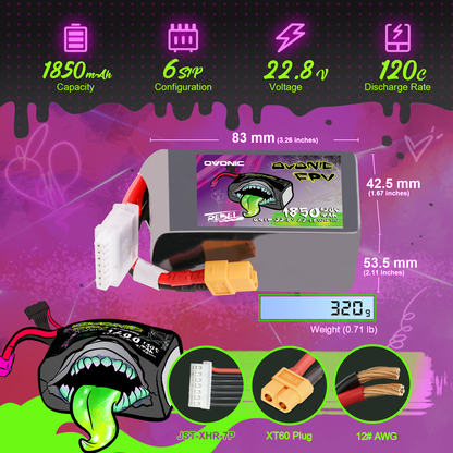 Ovonic Rebel 2.0 6S 1850mAh LiPo dimensions and weight chart, XT60 plug and JST-XHR-7P balance lead