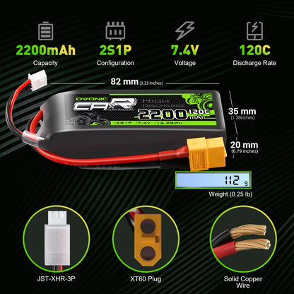 Ovonic 2S 7.4V 2200mAh 120C LiPo battery specs with dimensions, weight, XT60 plug and JST-XHR-3P balance connector
