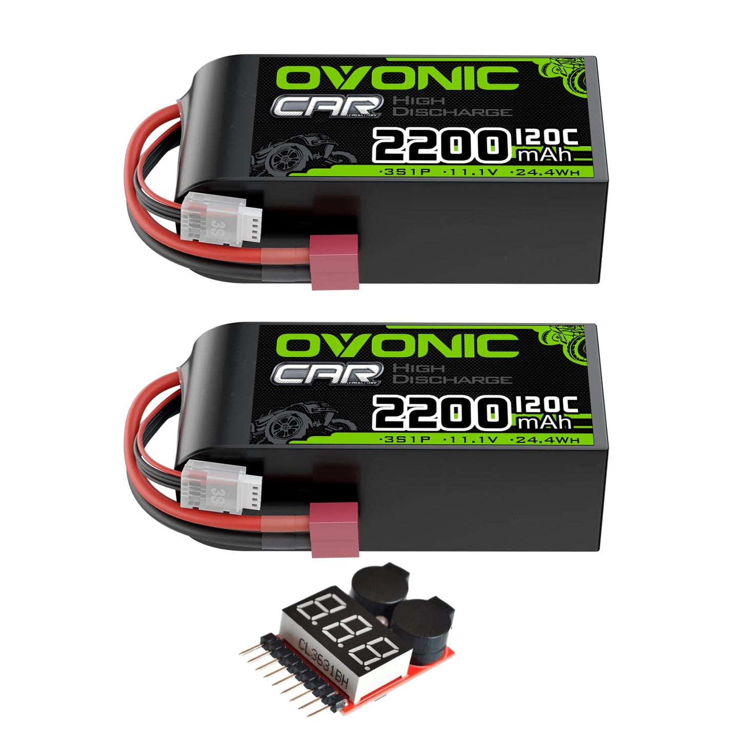 2x OVONIC 3S 2200mAh 120C short LiPo batteries with Deans T plug and JST-XH balance leads