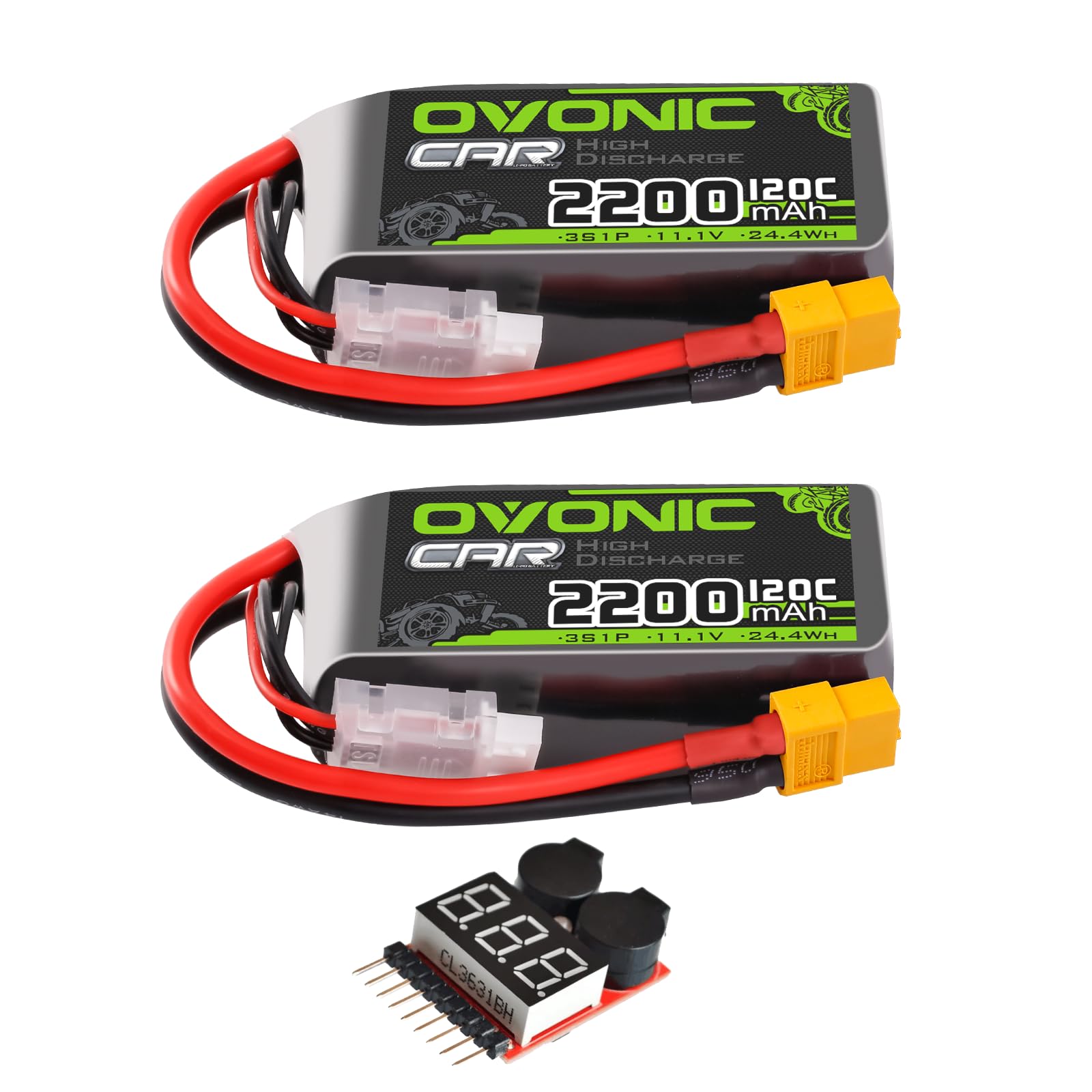OVONIC 3S 2200mAh 120C short LiPo batteries with XT60 connector and balance lead, plus voltage buzzer