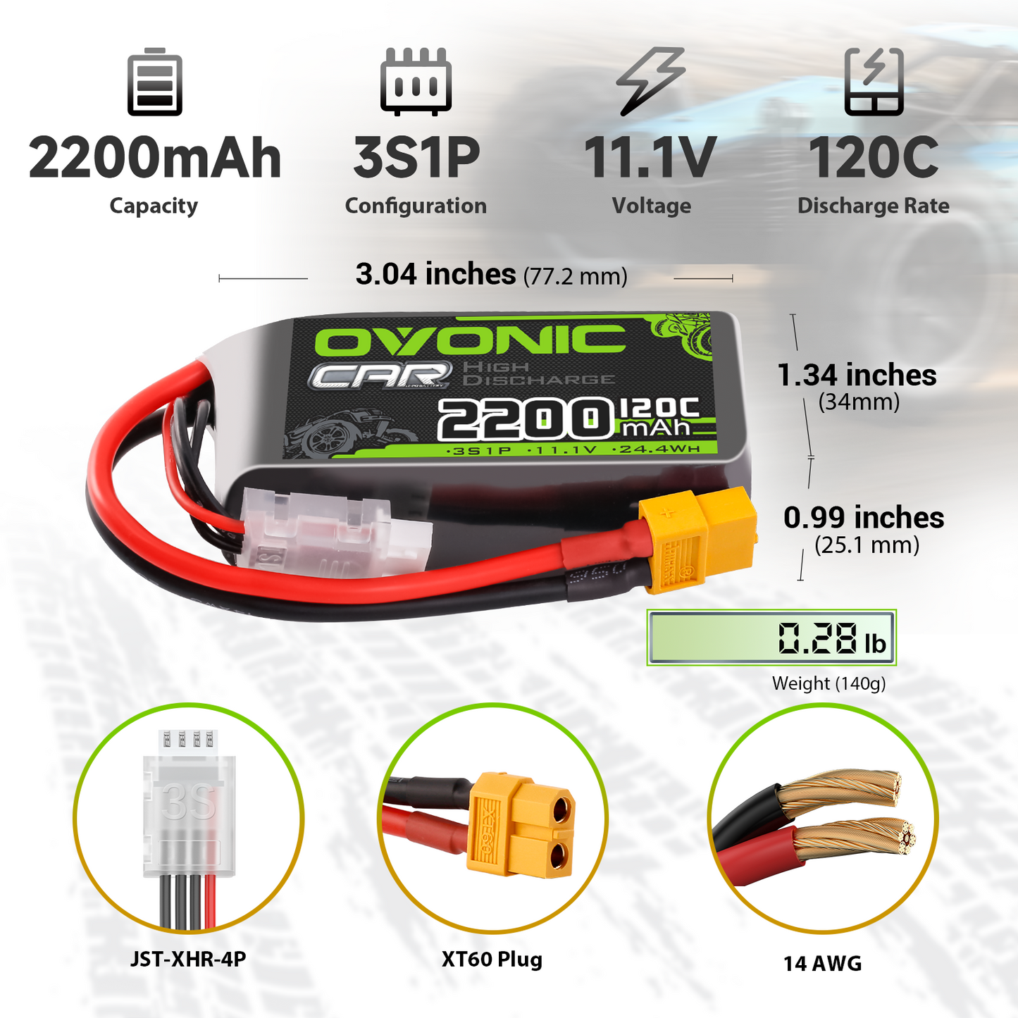 OVONIC 3S1P 2200mAh 11.1V 120C short LiPo battery size and weight chart with XT60 plug and JST-XHR-4P