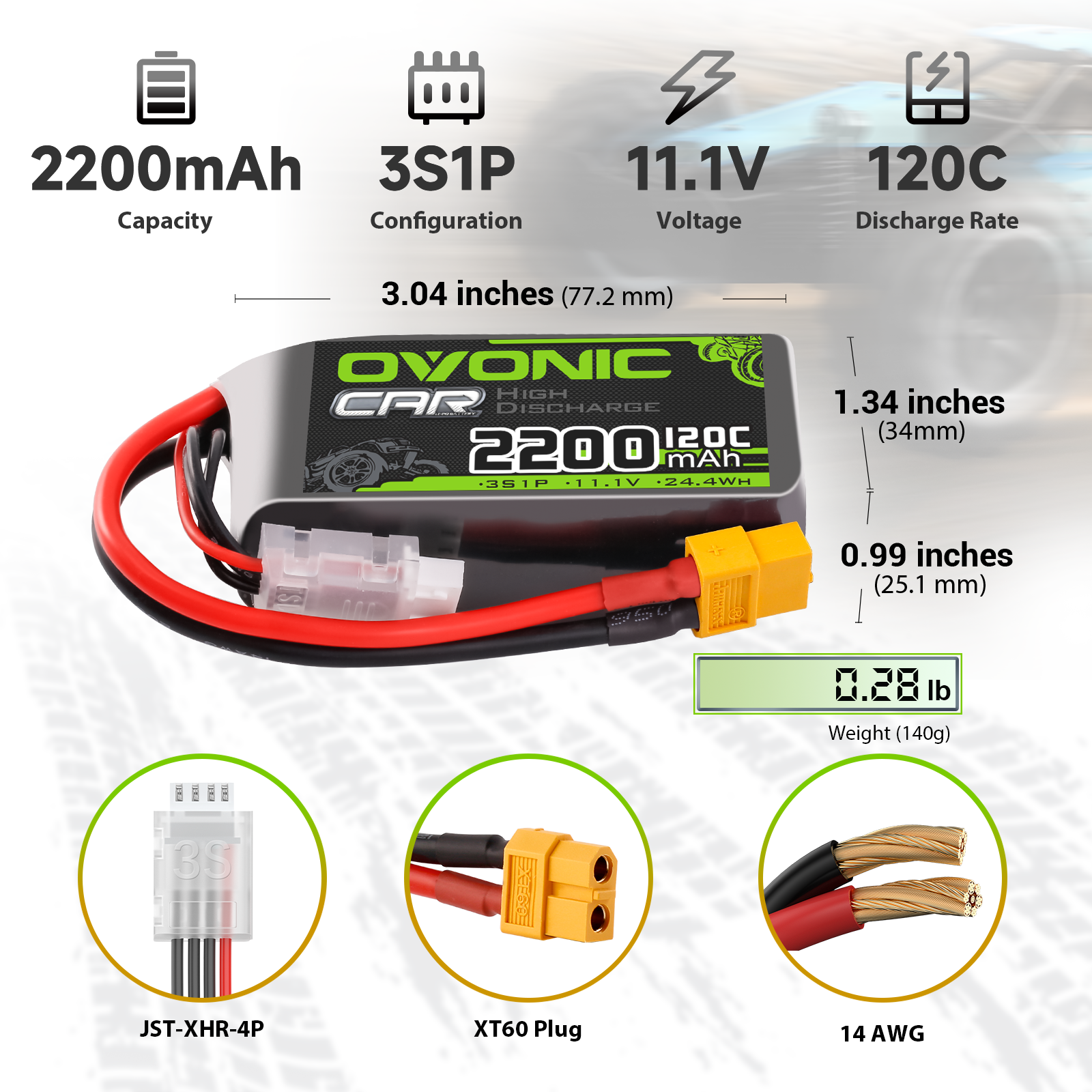 OVONIC 3S1P 2200mAh 11.1V 120C short LiPo battery size and weight chart with XT60 plug and JST-XHR-4P