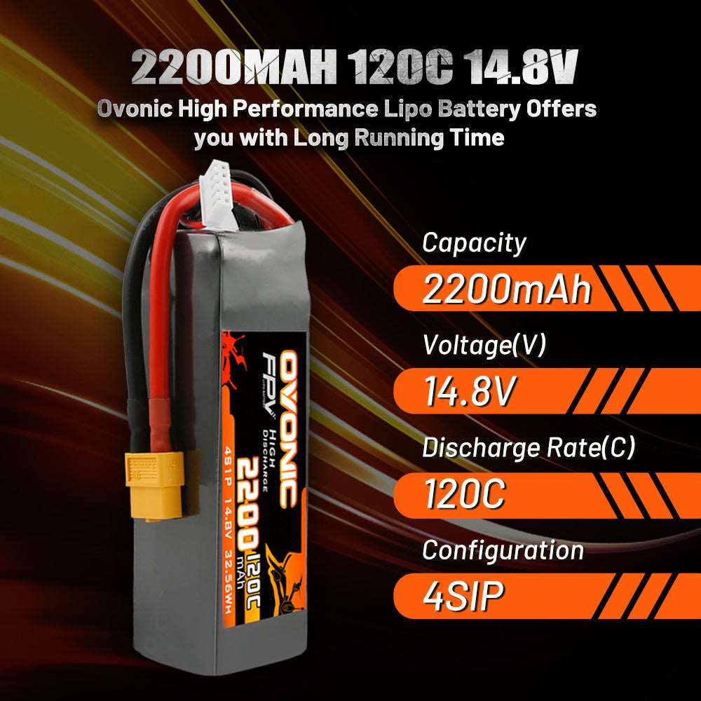 Ovonic 120C 4S 2200mAh 14.8V LiPo Battery Pack for FPV RC CAR Aircraft with XT60 Plug - Ampow