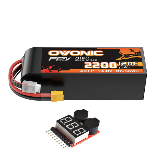 OVONIC 4S 2200mAh 120C 14.8V LiPo battery with XT60 plug, balance lead, and voltage buzzer