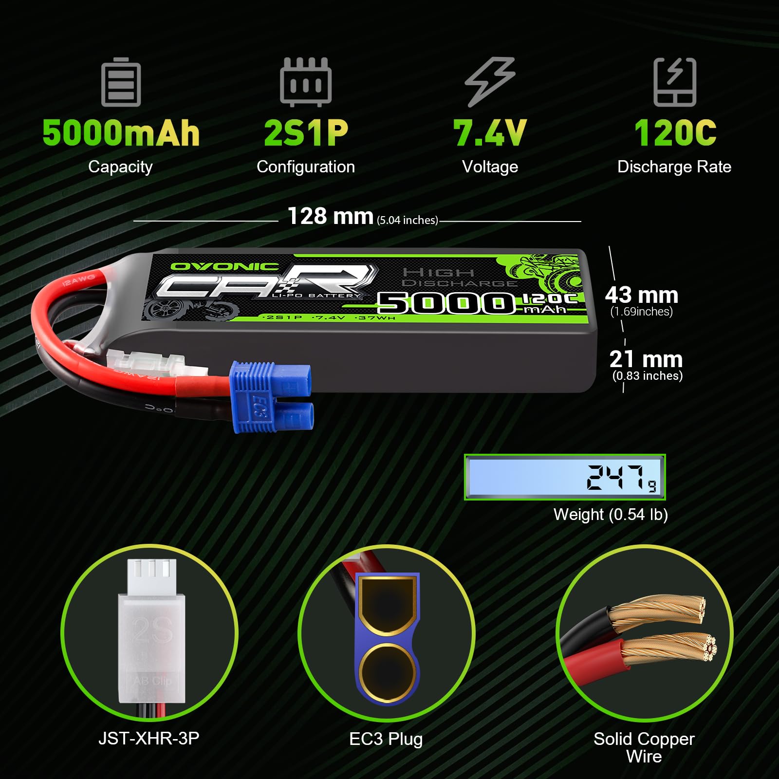 Ovonic 2S 7.4V 5000mAh 120C LiPo battery specs graphic with dimensions, weight, EC3 and JST-XHR leads