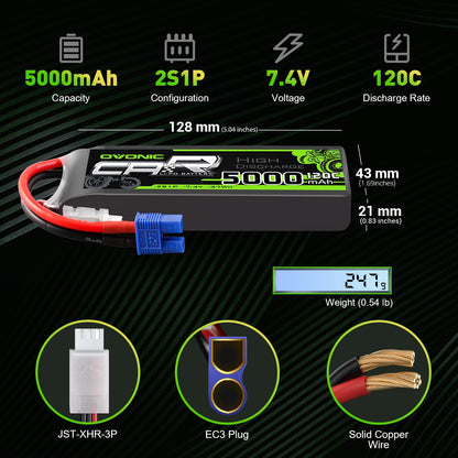 Ovonic 2S 7.4V 5000mAh 120C LiPo battery specs graphic with dimensions, weight, EC3 and JST-XHR leads