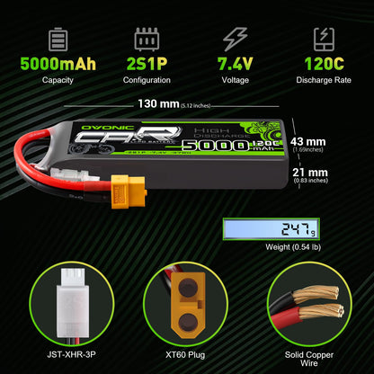 Ovonic 2S 5000mAh LiPo battery spec graphic with 130×43×21 mm size, 247 g weight, JST-XHR-3P lead