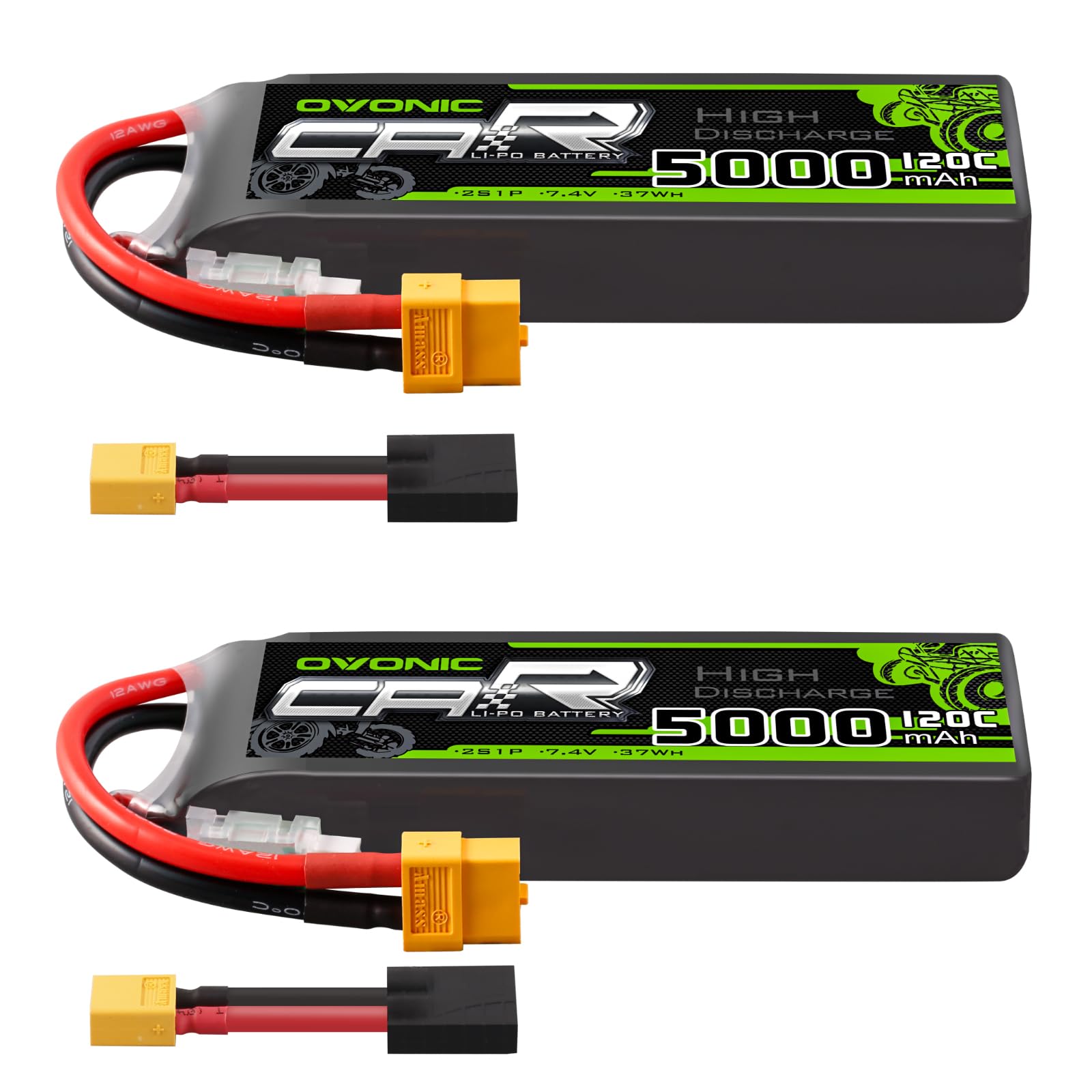 Ovonic 2S 7.4V 5000mAh 120C LiPo battery 2-pack with yellow XT60-style connectors