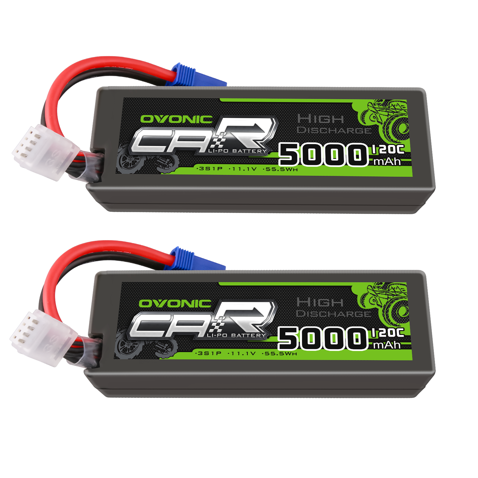 OVONIC 3S LiPo Battery 2-pack, 11.1V 5000mAh 120C softcase with EC5 and balance lead