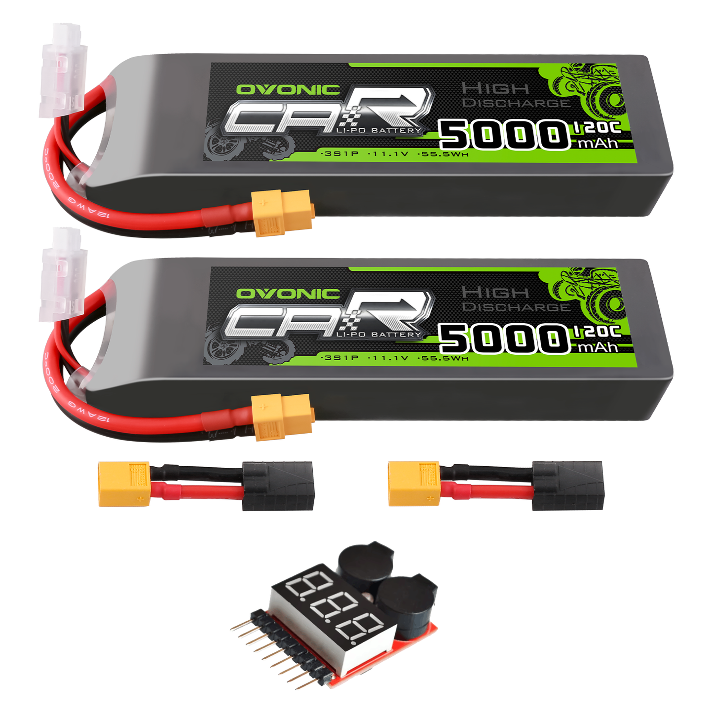 OVONIC 3S 11.1V 5000mAh 120C LiPo battery 2-pack with XT60 adapters and voltage buzzer