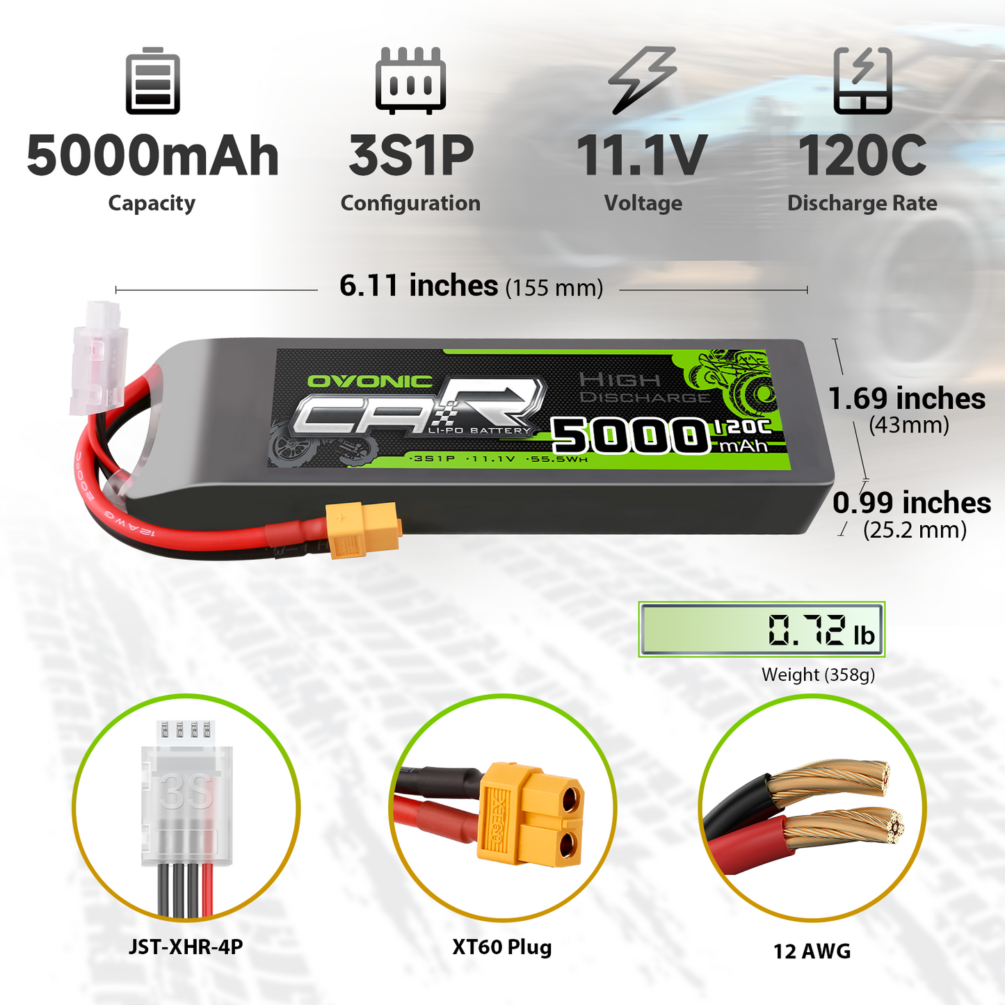 OVONIC 3S 5000mAh LiPo dimensions and specs graphic, XT60 plug, JST-XHR-4P balance lead, 12AWG wire