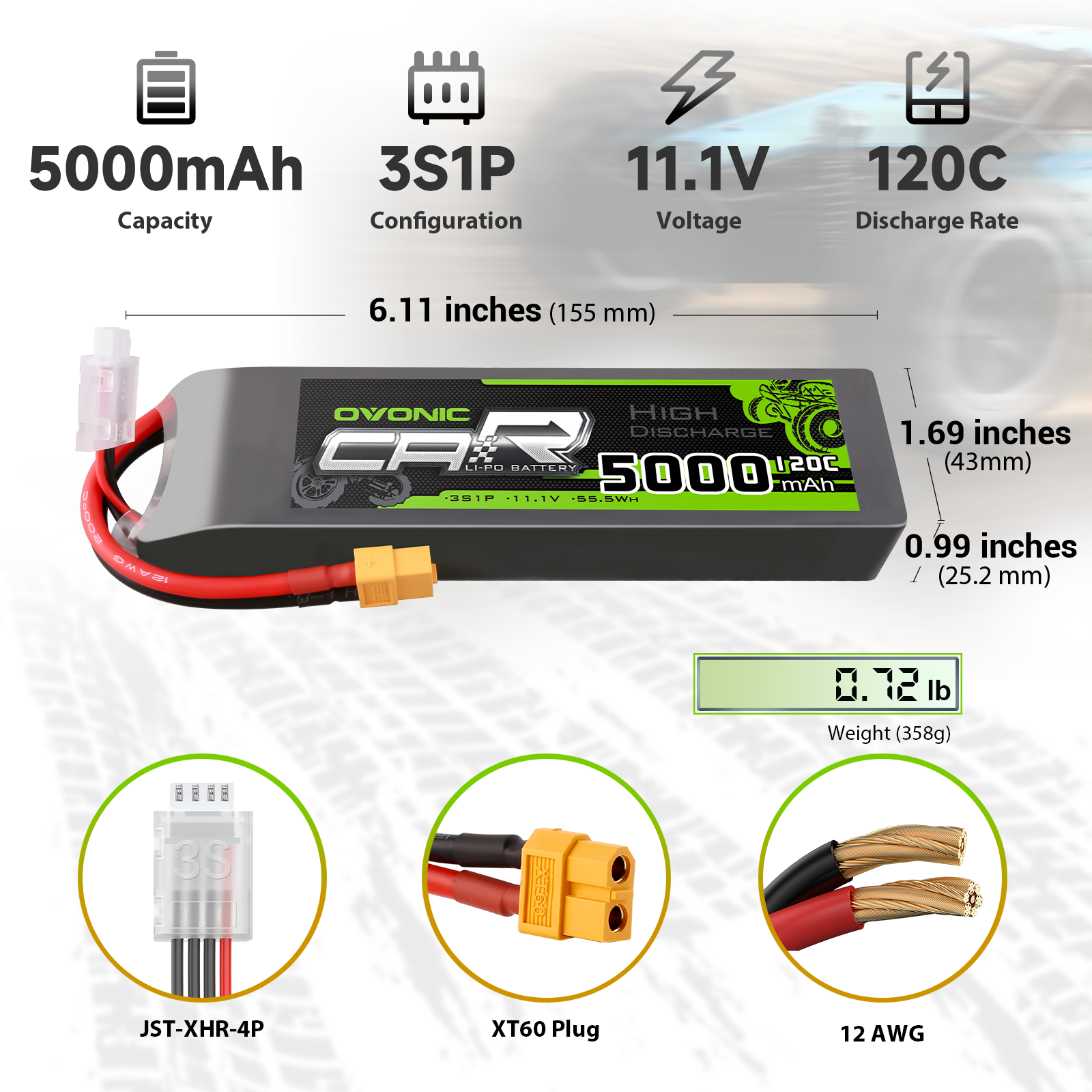 OVONIC 3S 5000mAh LiPo dimensions and specs graphic, XT60 plug, JST-XHR-4P balance lead, 12AWG wire
