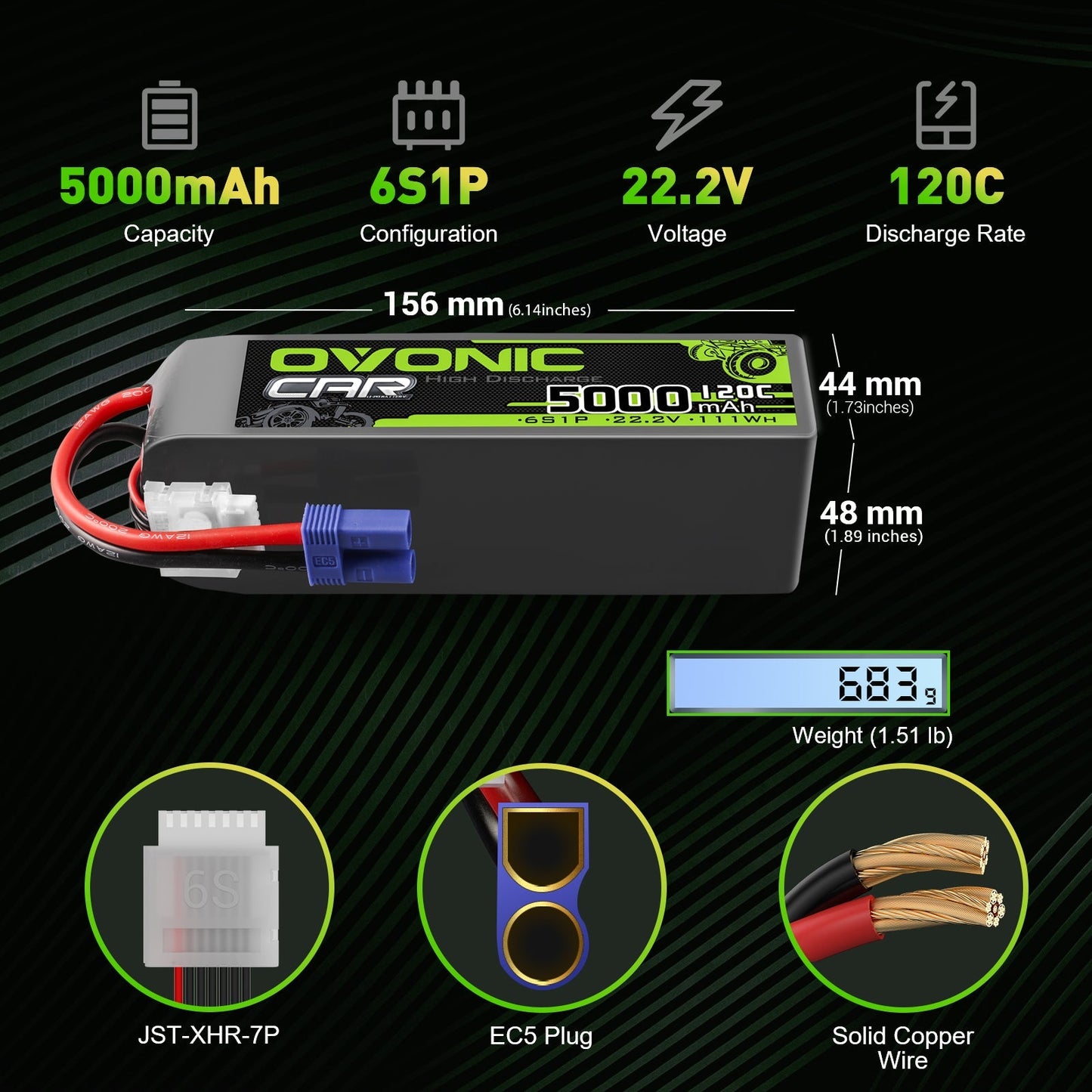 Ovonic 6S 5000mAh 22.2V 120C LiPo battery size and connectors shown, 156×48×44 mm, EC5 plug