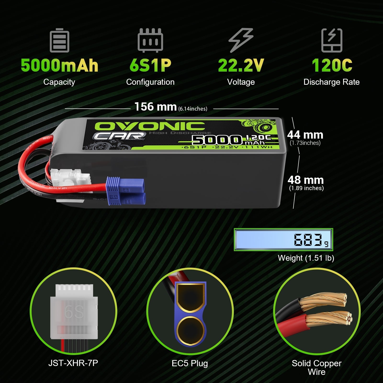 Ovonic 6S 5000mAh 22.2V 120C LiPo battery size and connectors shown, 156×48×44 mm, EC5 plug