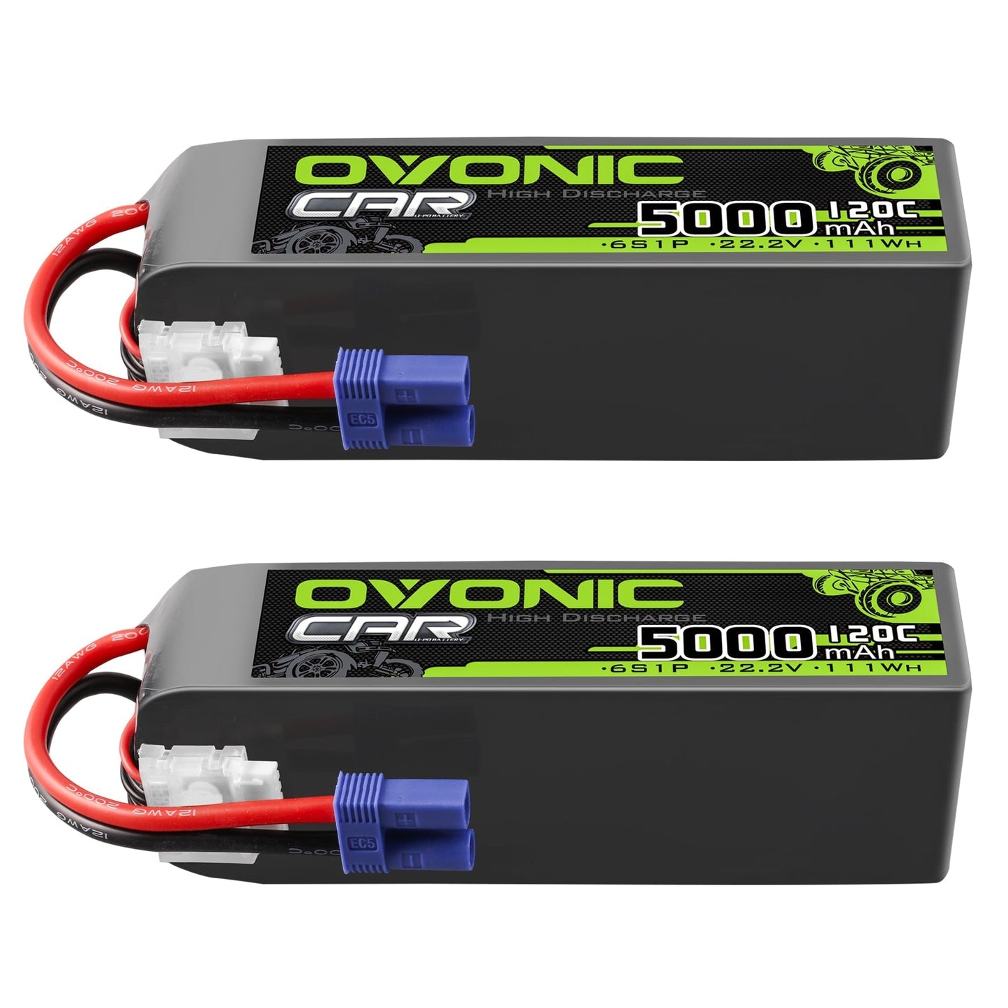 2× Ovonic 6S 5000mAh 22.2V 120C LiPo Battery packs with EC5 connector and balance lead