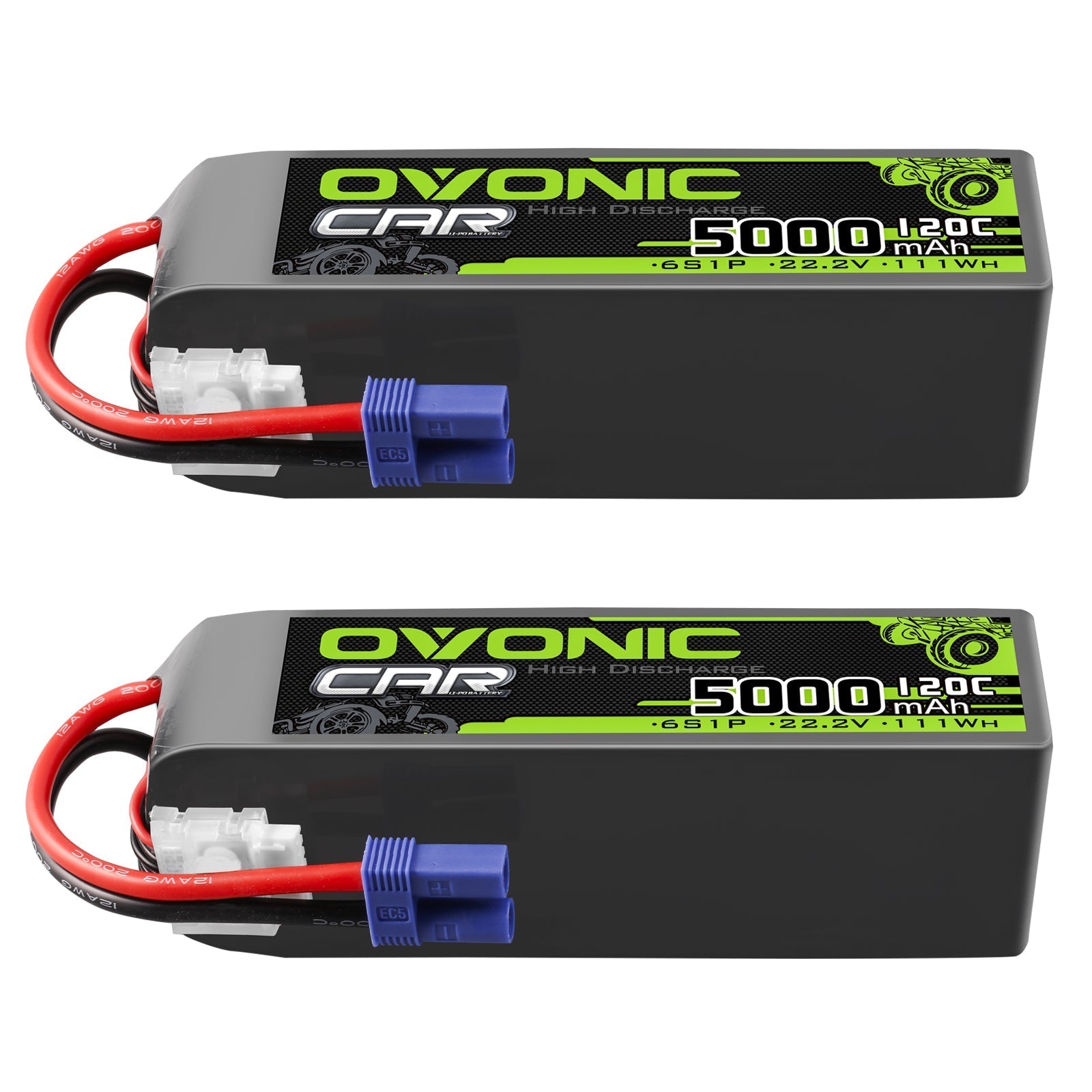 2× Ovonic 6S 5000mAh 22.2V 120C LiPo Battery packs with EC5 connector and balance lead