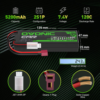 Ovonic 2S 5200mAh 7.4V 120C LiPo battery dimensions 139×47×25mm, weight 243g, Deans T plug