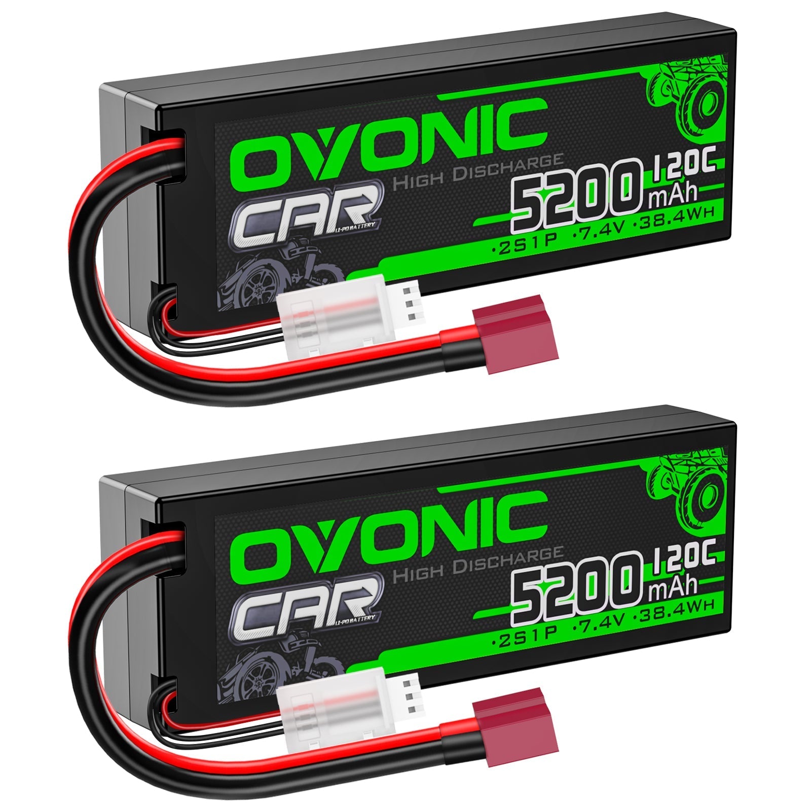 Ovonic 2S 5200mAh 120C 7.4V hardcase RC LiPo battery 2-pack with Deans T plug and balance lead