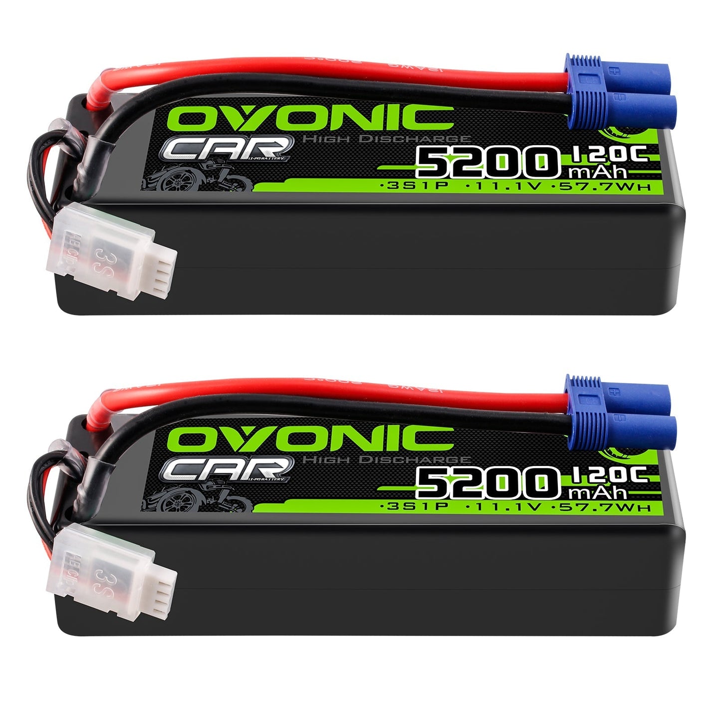 OVONIC 3S 11.1V 5200mAh 120C RC LiPo Battery 2-pack, label view with EC5 plug and balance lead