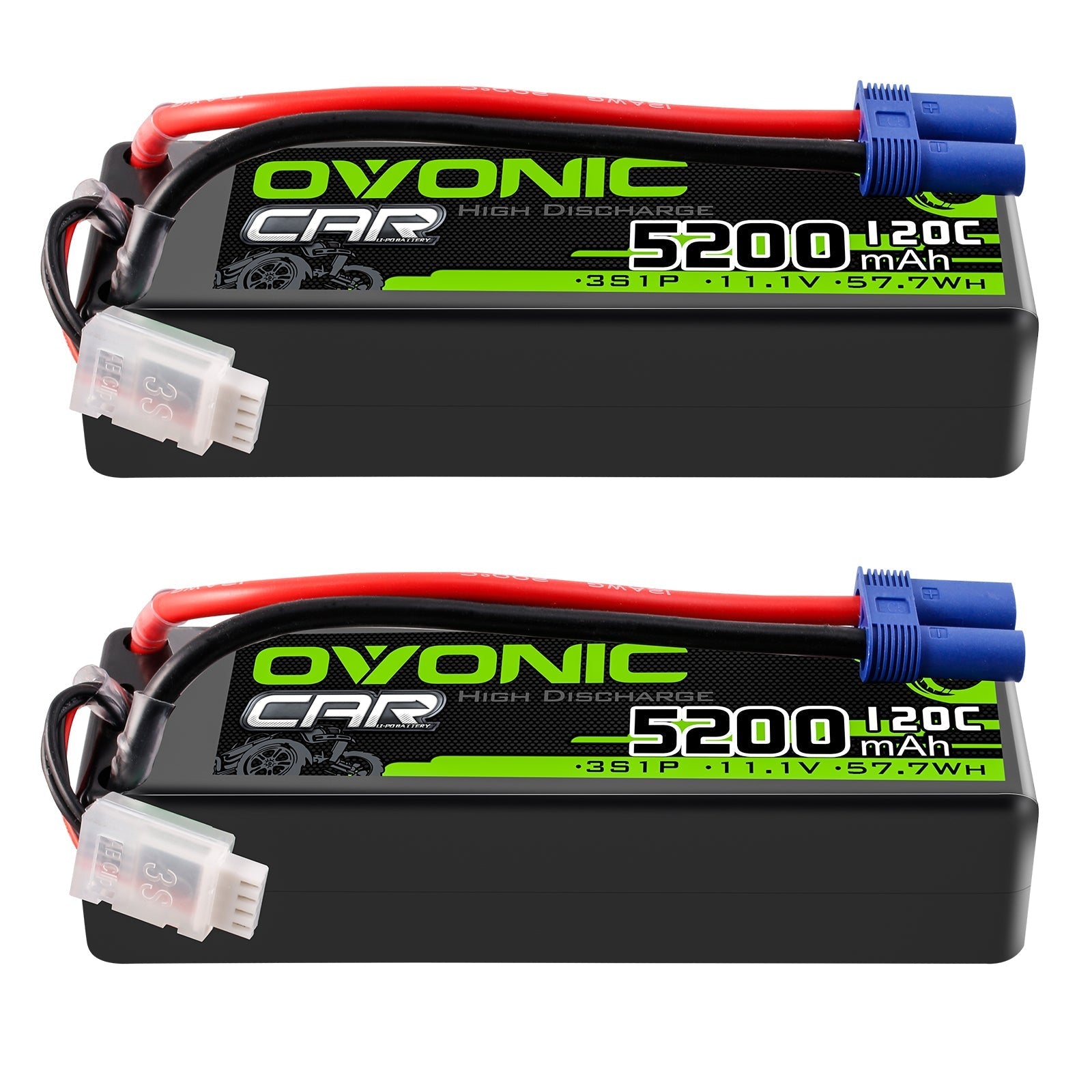 OVONIC 3S 11.1V 5200mAh 120C RC LiPo Battery 2-pack, label view with EC5 plug and balance lead