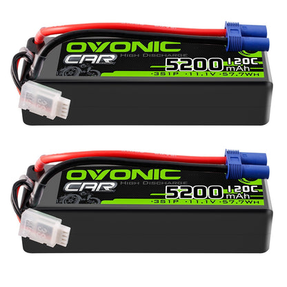 OVONIC 3S 11.1V 5200mAh 120C RC LiPo Battery 2-pack, label view with EC5 plug and balance lead