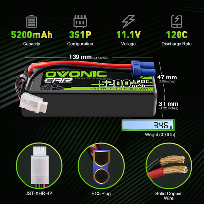 OVONIC 5200mAh 3S LiPo battery size and specs graphic showing 139×47×31 mm, 11.1V, 120C, EC5 plug