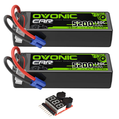 OVONIC 3S 11.1V 5200mAh 120C LiPo battery 2-pack with EC5 connectors and voltage checker