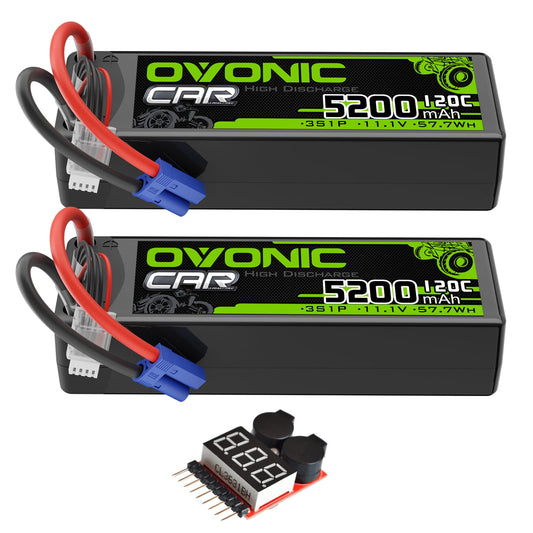 OVONIC 3S 11.1V 5200mAh 120C LiPo battery 2-pack with EC5 connectors and voltage checker