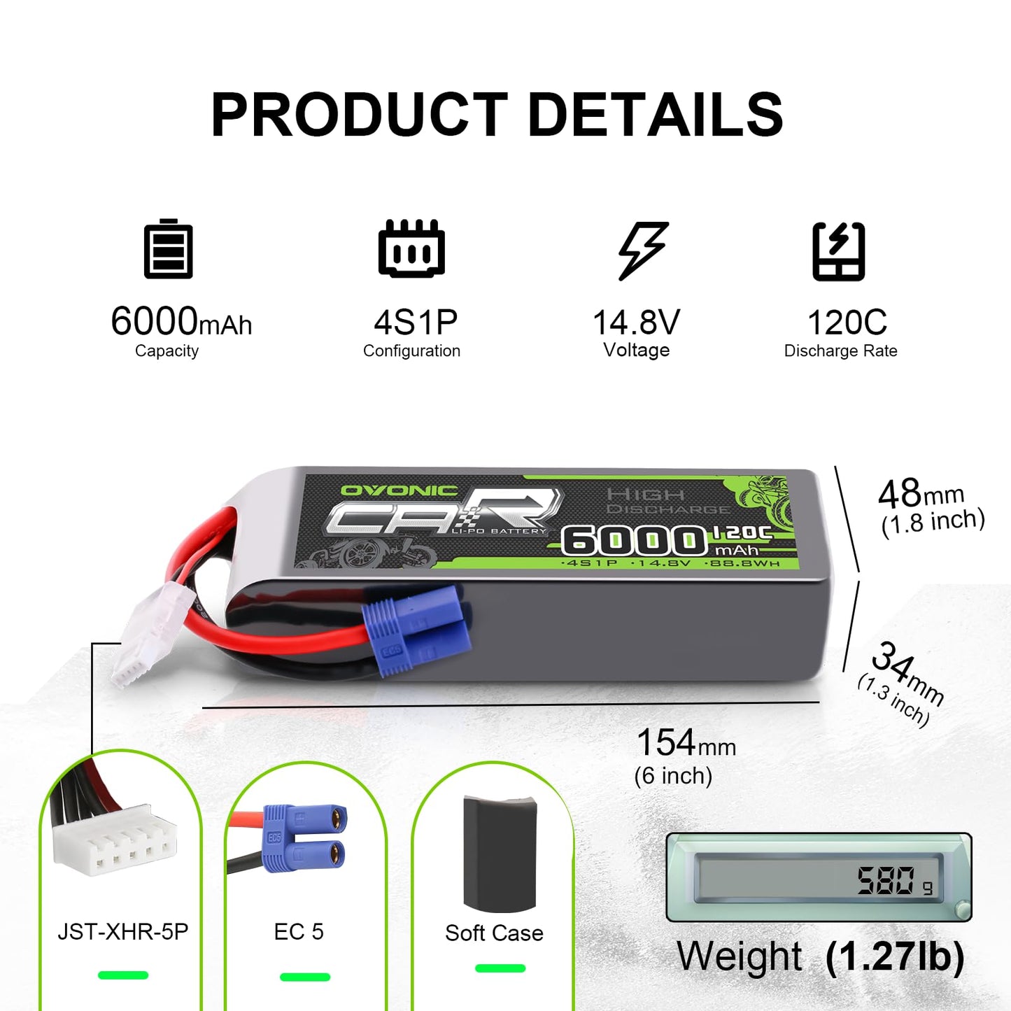Ovonic 4S 6000mAh 14.8V LiPo battery product details graphic with dimensions, weight, EC5 and JST-XHR-5P connectors