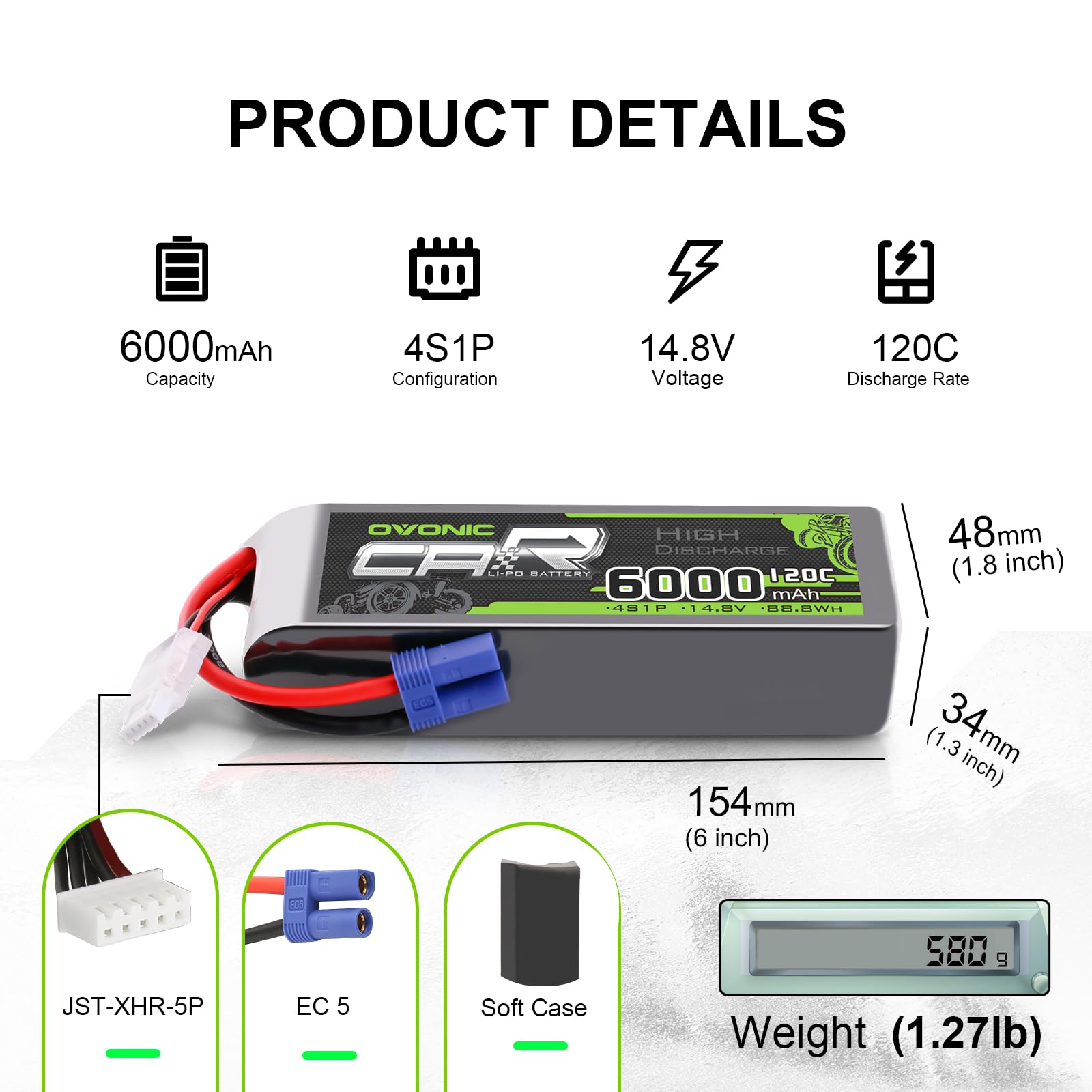 Ovonic 4S 6000mAh 14.8V LiPo battery product details graphic with dimensions, weight, EC5 and JST-XHR-5P connectors