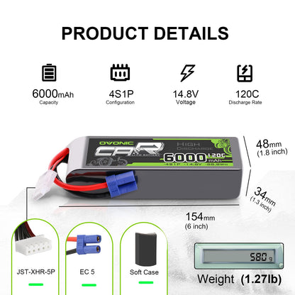 Ovonic 4S 6000mAh 14.8V LiPo battery product details graphic with dimensions, weight, EC5 and JST-XHR-5P connectors