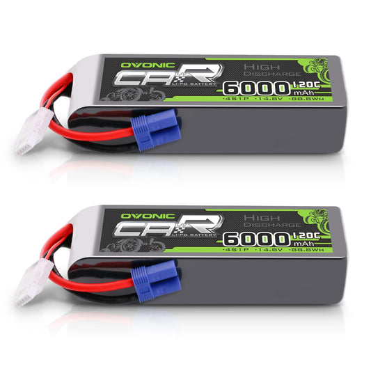 Ovonic 4S 6000mAh 14.8V 120C LiPo battery 2-pack, soft case with blue EC5 plugs and balance leads