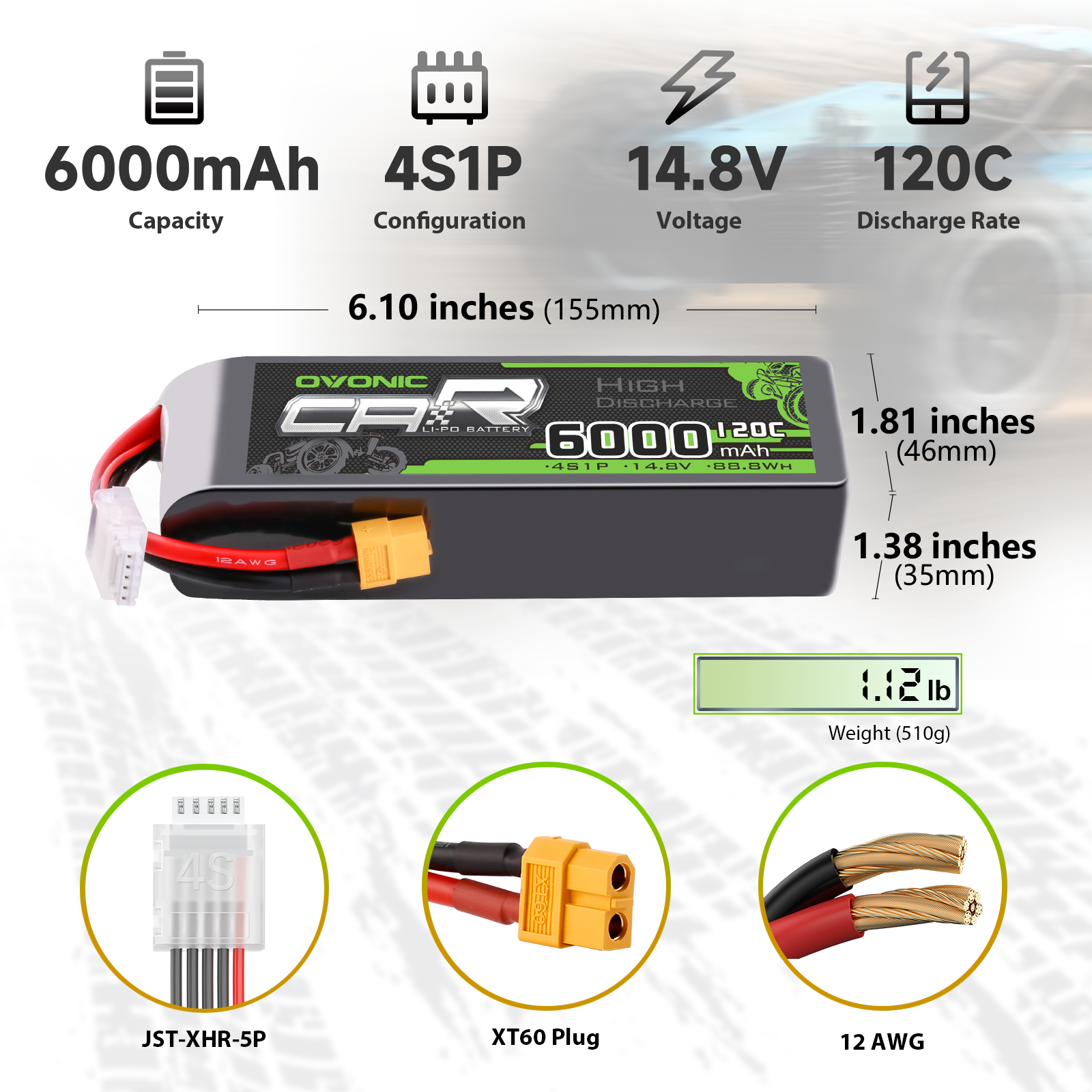 Size and specs graphic: 6000mAh 4S1P 14.8V 120C, 155×46×35mm, 510g, XT60 and JST-XHR-5P