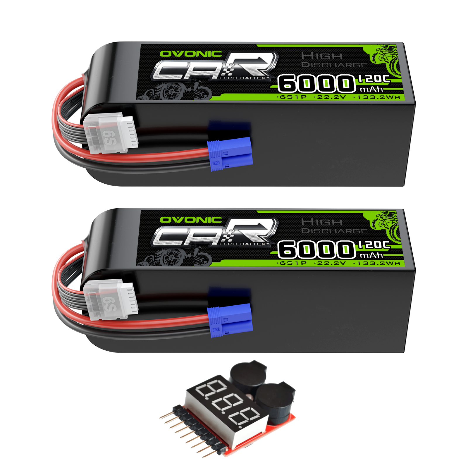 OVONIC 2-Pack 6S 6000mAh 22.2V 120C LiPo Battery set with EC5 plug, balance lead, and voltage buzzer