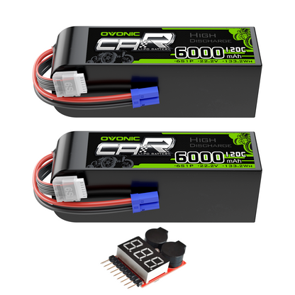 OVONIC 2-Pack 6S 6000mAh 22.2V 120C LiPo Battery set with EC5 plug, balance lead, and voltage buzzer