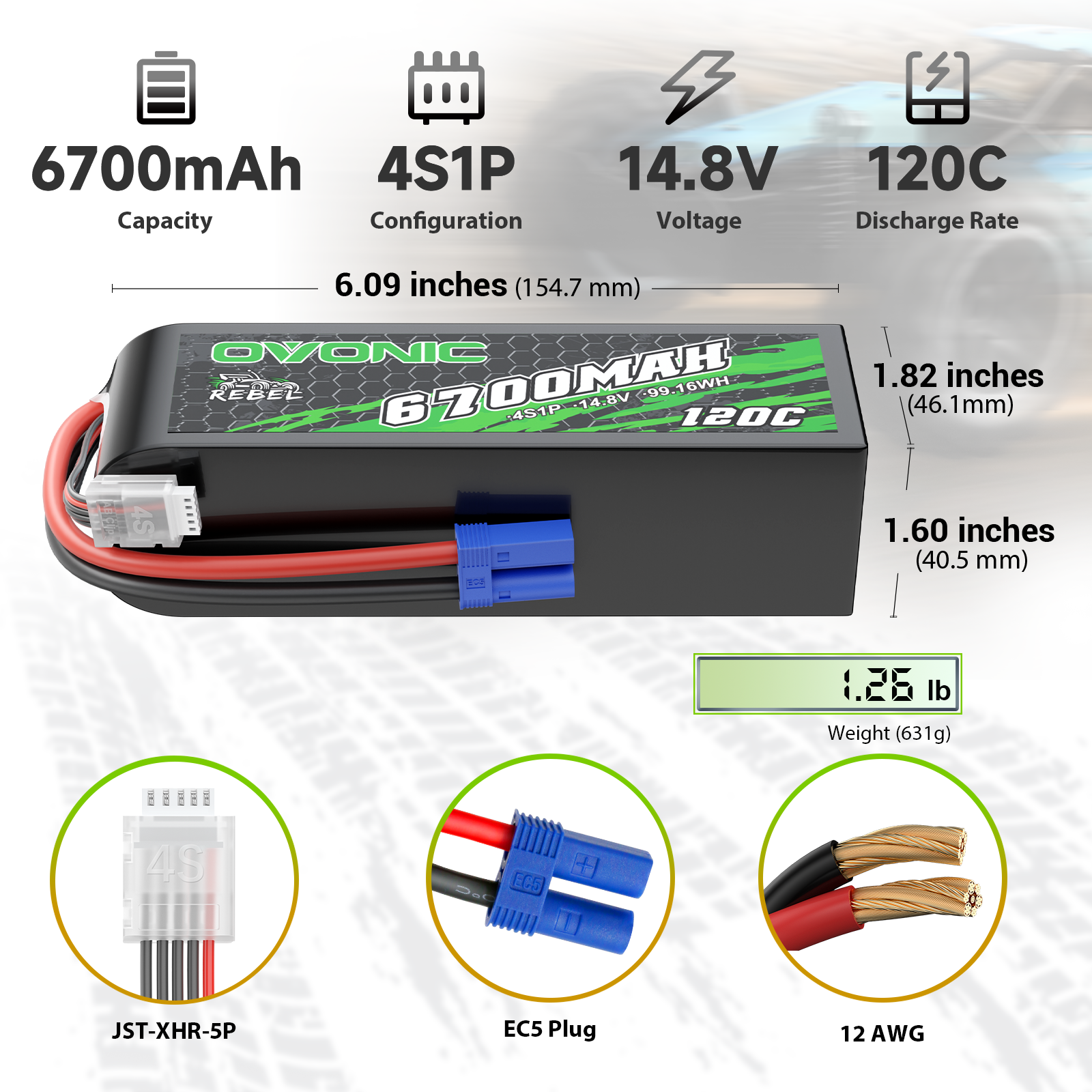 Ovonic 6700mAh 4S 14.8V LiPo battery size and specs graphic with dimensions, weight, EC5 plug and 12AWG