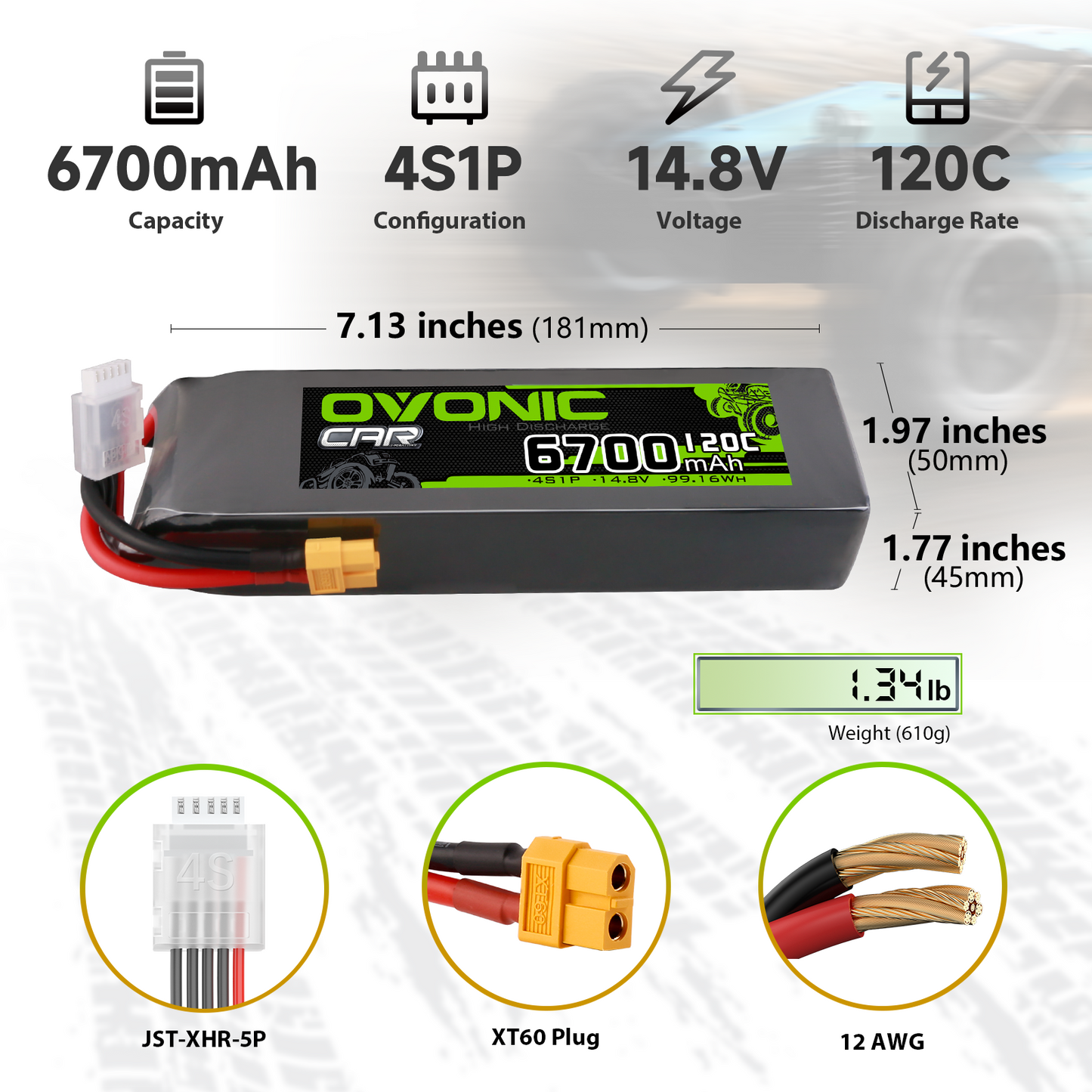 2× OVONIC 4S Lipo Battery 6700mAh 120C 14.8V with XT60 Plug for 1/8 scale RC Car RC Truck