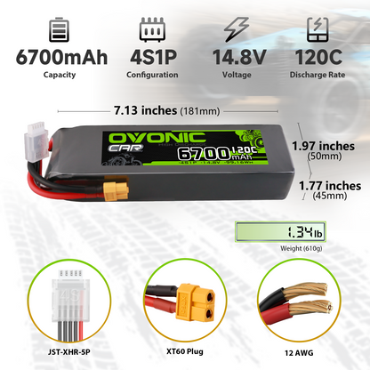 2× OVONIC 4S Lipo Battery 6700mAh 120C 14.8V with XT60 Plug for 1/8 scale RC Car RC Truck