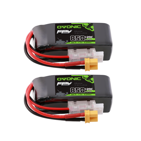 OVONIC 2-Pack 850mAh 2S 7.4V 120C LiPo Battery set with XT30 plug and balance lead