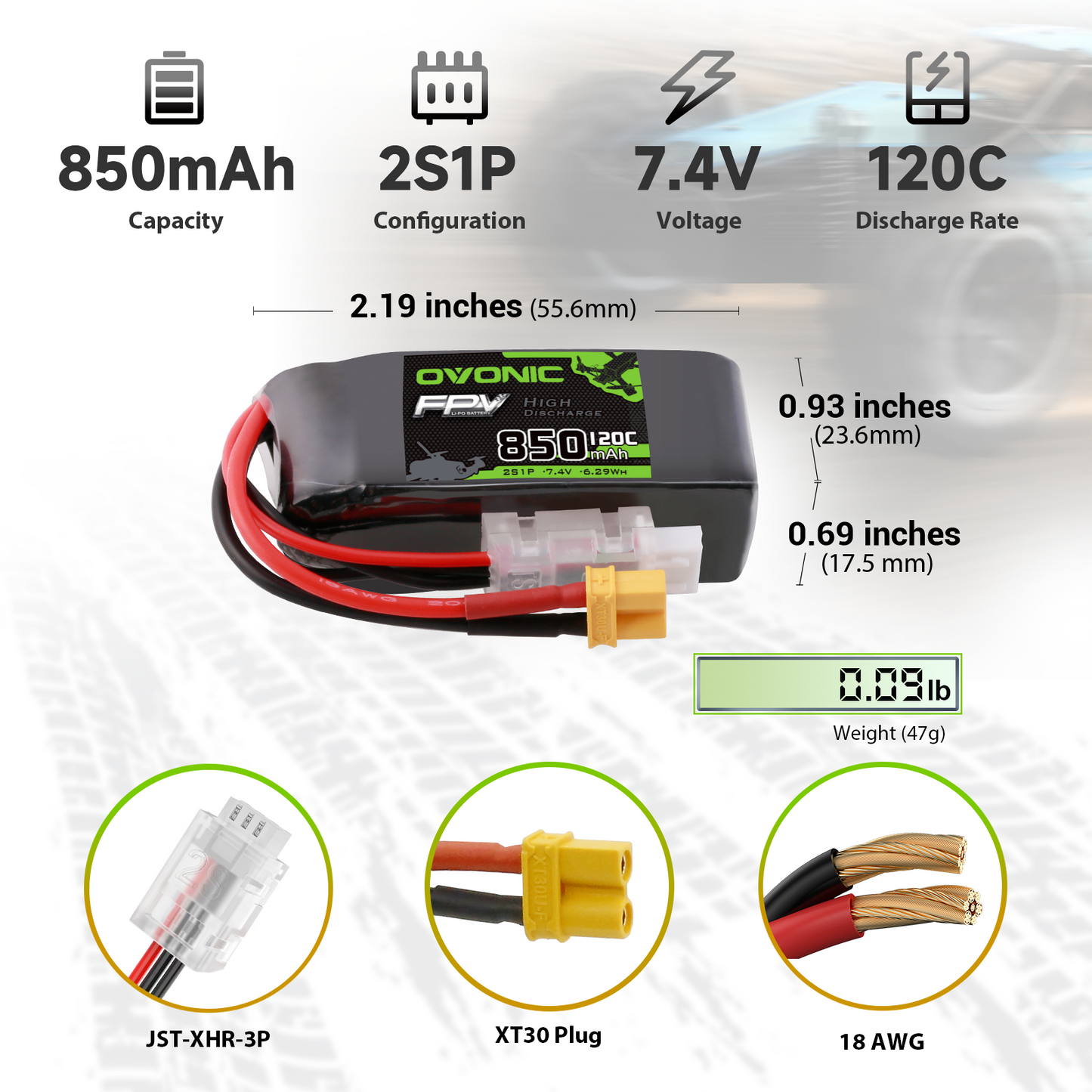 OVONIC 850mAh 2S 7.4V 120C LiPo battery dimensions and weight chart, XT30 plug and 18AWG wire