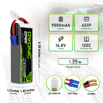 RC LiPo battery specs graphic: 9000mAh 4S1P 14.8V 120C, size 6.38 in, EC5 and JST-XHR-5P
