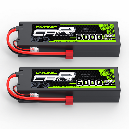 OVONIC 2S 6000mAh 7.4V 130C hardcase LiPo battery 2-pack with T plug and balance lead