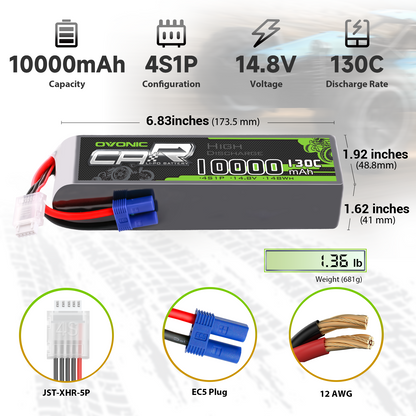 OVONIC 4S 10000mAh 14.8V 130C LiPo battery size and specs: 6.83in length, 681g, EC5, JST-XHR-5P
