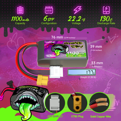 Ovonic 6S 1100mAh 22.2V 130C LiPo dimensions and weight graphic with XT60 plug and JST-XHR-7P balance connector