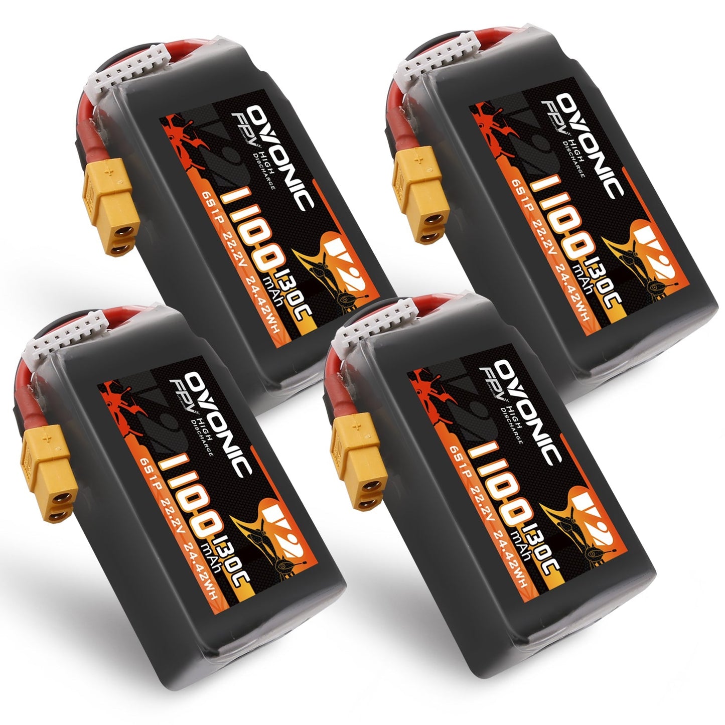 Ovonic 4-pack 130C 6S 1100mAh 22.2V LiPo batteries with XT60 connectors, set of four