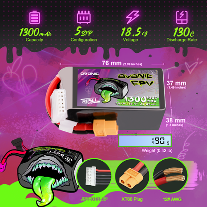 Ovonic Rebel 2.0 5S 1300mAh 130C LiPo battery size and specs infographic (76×37×38mm, 190g, XT60)